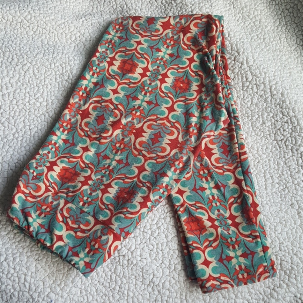 LulaRoe orange red and teal leggings